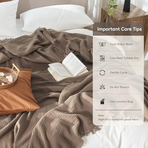 MooMee 100% Cotton Muslin Blanket, Fringed 4-Layer Gauze Bed Couch Throw - color: Brown, size: Throw