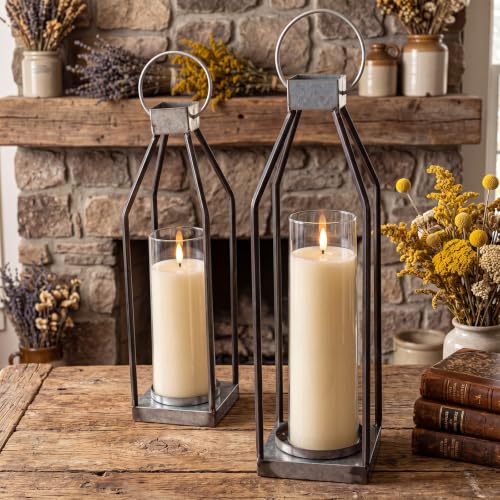 Gerrii 2 Pcs 15"&16.5" Farmhouse Rustic Lanterns Decorative with LED Candle Set Galvanized Metal, Handcrafted Candle Holders, Outdoor Indoor Porch Fireplace Mantel Table Festive Gatherings Decor
