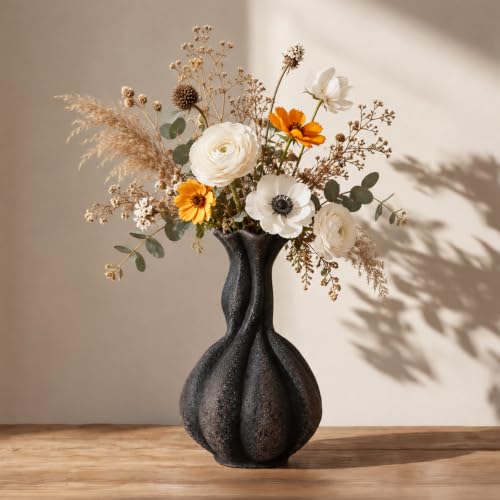 DOWAN Ceramic Flower Vase, Decorative Pampas Vase for Home Decor, Modern Farmhouse Pottery Vase for Living Room Table Kitchen Bedroom Coffee Desk Entryway Mantel Book Shelf (Black, 10 INCH) - color: Black, size: 10 INCH