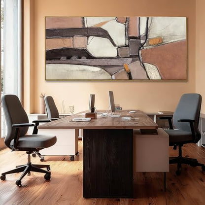 ZENPEE Brown & Grey Abstract Canvas Wall Art 32x71, Neutral Off-White Geometric Design with Wooden Frame, Modern Oversized wall art for living room - color: Brown & Beige, size: 70"L x 32"W