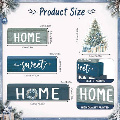 Cinnvoice 4 Pcs Blue Christmas Wooden Home Sweet Home Block Shelf Decor - style: Blue Christmas
