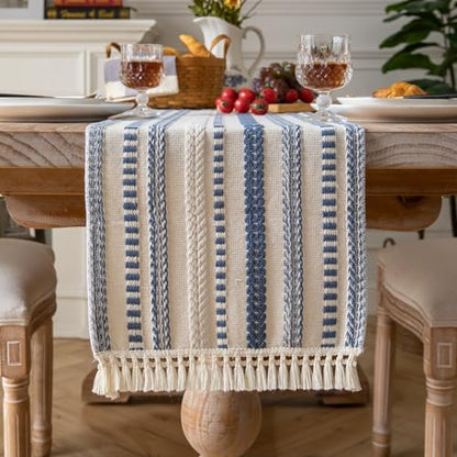 Caflife Blue and Beige Woven Rustic Boho Table Runner 108 Inchs Long - color: Blue, size: 13x108Inch