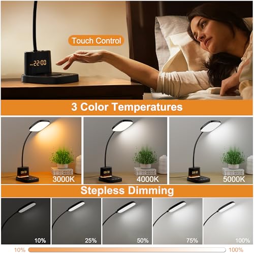 10W Wireless Charging LED Desk Lamp with Clock, Light Black - color: Light Black