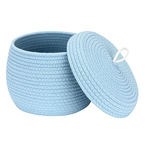 Sea Team Round Woven Cotton Rope Storage Basket with Lid, Blue - color: Blue, size: Small