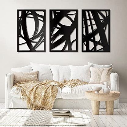3Pcs Abstract Black Metal Wall Art Minimalist Line Art Decor 17x12in Black - size: 17in*12in*3