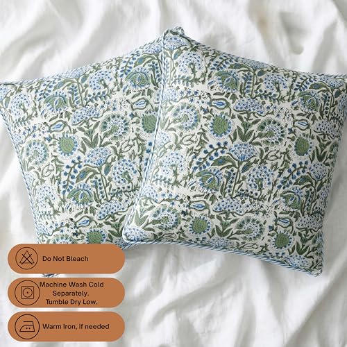 ATOSII Cotton Blockprint Throw Pillow Cover, Clover Blue, Set of 2, 18 X 18 - color: Clover Blue, size: 18" x 18" (Pack of 2)