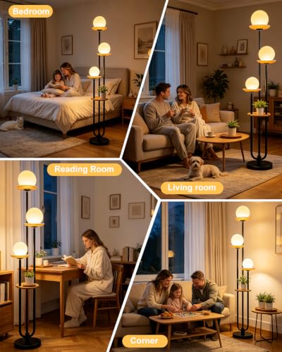 Lightdot 3-Globe Floor Lamp Dimmable with Green Glass Tray Black Floor Lamp - color: Amber-3U Black