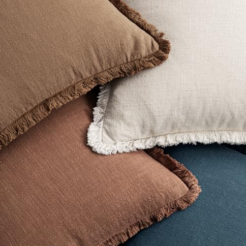 MIULEE Fall Linen Fringe Pillow Covers Set of 4 24x24 Beige/Brown/Blue - color: Blue Brown, size: 24" x 24" (Pack of 4)