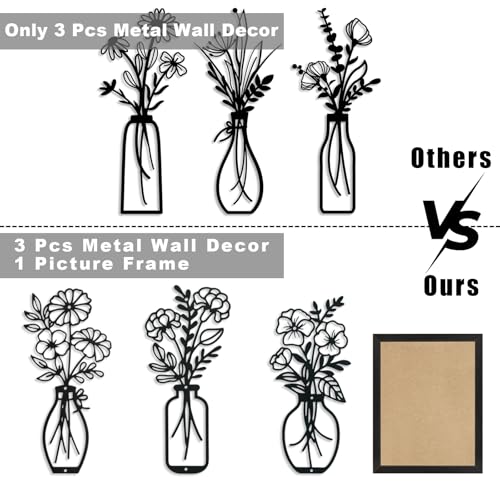 Lcaughsy Metal-Wall-Art Decoration - Metal Wall Decor Floral and Picture Frame For Living Room, 3 Pcs Hanging Wall Decor Art for Home Dining Room Bedroom Kitchen Farmhouse, Black