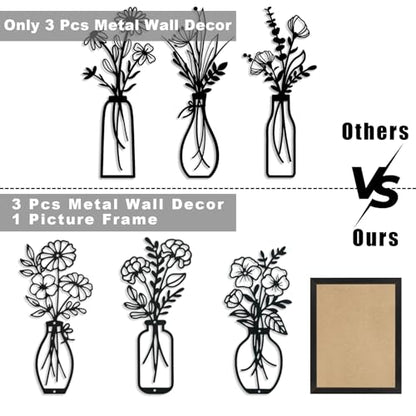 Lcaughsy Metal-Wall-Art Decoration - Metal Wall Decor Floral and Picture Frame For Living Room, 3 Pcs Hanging Wall Decor Art for Home Dining Room Bedroom Kitchen Farmhouse, Black
