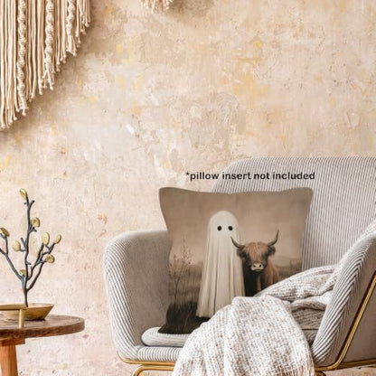 Moody Halloween Ghost Western Highland Cow Throw Pillow Cover 18x18 - color: Highland Cow-10