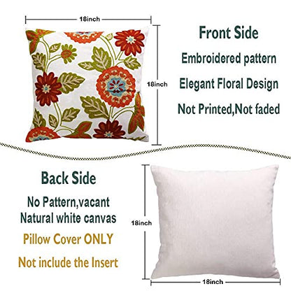 Throw Pillow Case Covers 18x18 inch Set of 2 Decorative Floral Embroidered Design on Solid Natural White Background for Couch, Sofa, Bed - Cushion Not Included