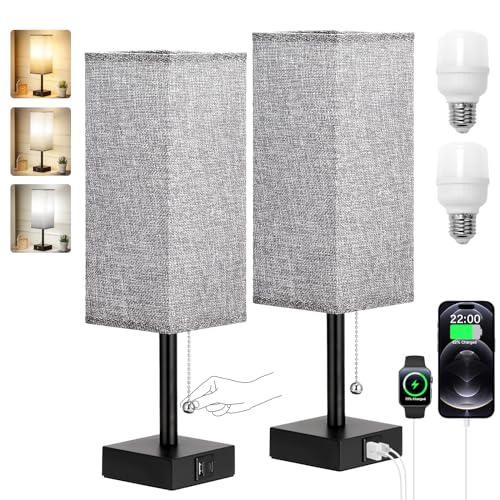 Set of 2 Grey Bedside Table Lamps for Bedroom - Nightstand Lamp, USB C+A - color: Gray & Black (2PCS), size: 14.3in