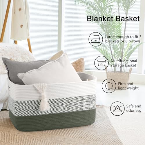 OIAHOMY Blanket Basket Laundry Basket Dog Toy Basket 75L Green/White - color: Green/White, size: 22”x17”x12”