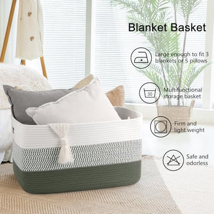 OIAHOMY Blanket Basket Laundry Basket Dog Toy Basket 75L Green/White - color: Green/White, size: 22”x17”x12”
