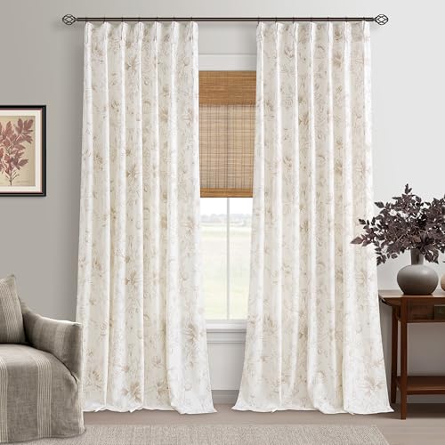 Linen 102 Inch Curtains Pleated Neutral Semi Sheer Coffee Floral Curtain - color: Coffee, size: 40"W x 102"L (Pack of 2)