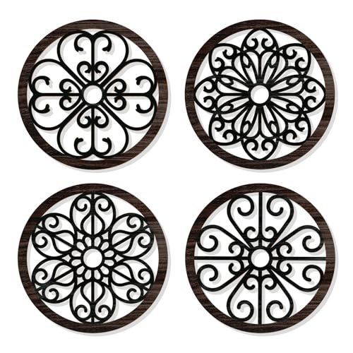 Zzbakress 4 Pcs Wooden Grainy Rustic Wall Art - Farmhouse Wall Decor with Exquisite Hollow Pattern - Elegant Round Wall Art for Living Room, Dinner Room, Kitchen, Bedroom, Hallway (Black, Rustic)