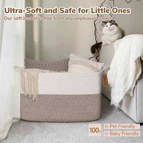 Goodpick 75L Extra Large Woven Rope Blanket Basket, Rectangle, Brown - color: Brown, size: 22"L x 17"W x 12"H