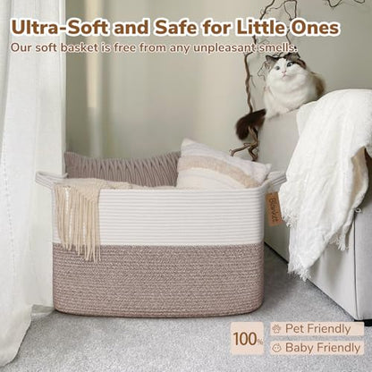 Goodpick 75L Extra Large Woven Rope Blanket Basket, Rectangle, Brown - color: Brown, size: 22"L x 17"W x 12"H