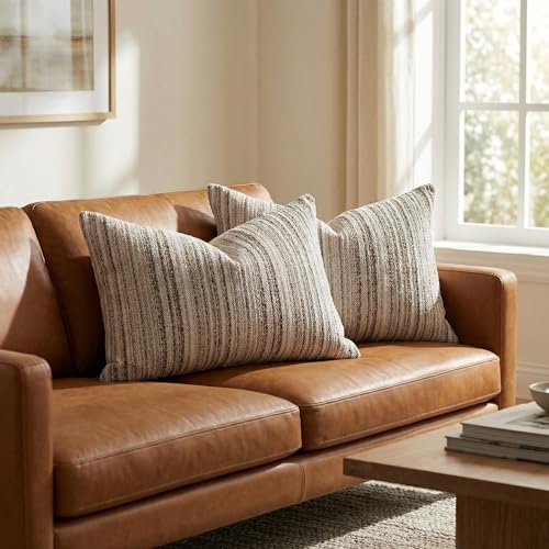 Set of 2 Striped Chenille Throw Pillow Covers 12x20 Inches Premium Plush Textured Decorative Cushion Covers Reinforced Hidden Zipper Mid-Century Modern Farmhouse Decor for Couch Sofa Beige - color: Beige, size: 20" x 12" (Pack of 2)