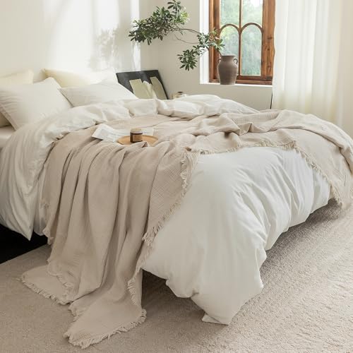 FOSSA Muslin Blanket 4-Layer 100% Cotton Gauze Blanket with Fringe 90"x90" - color: Beige, size: Queen (90" × 90")