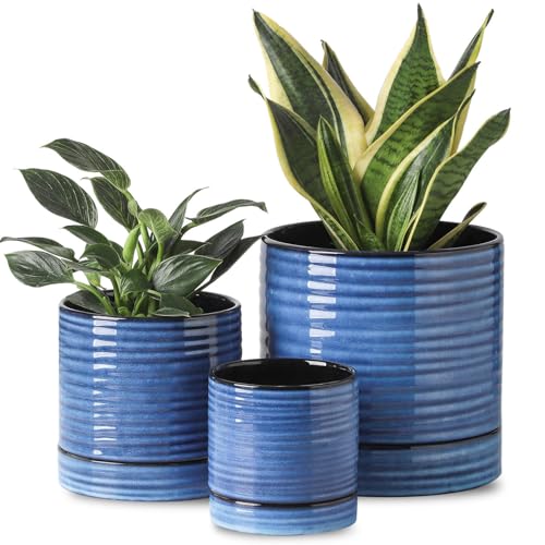 HASENSE Ceramic Pot for Indoor Plant, 8+6+4.6 Inch Planter with Drainage Holes and Saucer, Reactive Glaze Blue Flower Pots for Home Office Decor, Set of 3 - color: Blue, size: 8+6+4.6 Inch