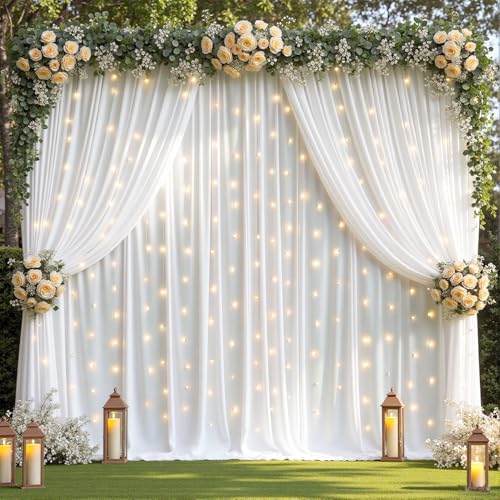 10 x 10ft White Backdrop Curtains with Lights String for Party - color: White, size: W5' x H10'(2 panels)