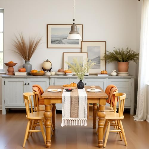 120 inch Boho Table Runner with Tassels Khaki Striped Fall Decor - color: Khaki Stripes