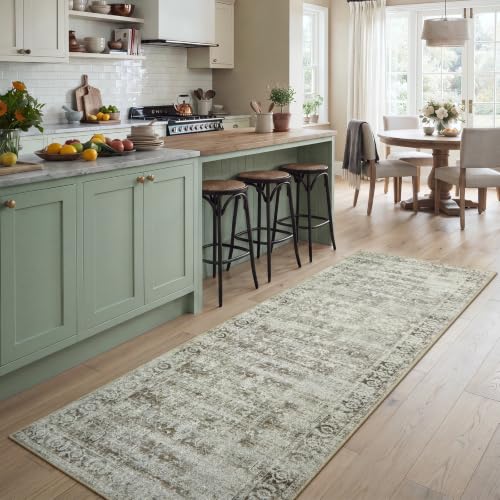 Morebes Washable Hallway Runner Rug 8ft, Brown Distressed Kitchen Runner Rugs Non Slip, Farmhouse Vintage Carpet Runner for Entryway Laundry Bathroom, Soft Bedroom Bedside Rug (2.5x8, Brown) - color: Brown/Multi, size: 2.5' x 8' (Runner)