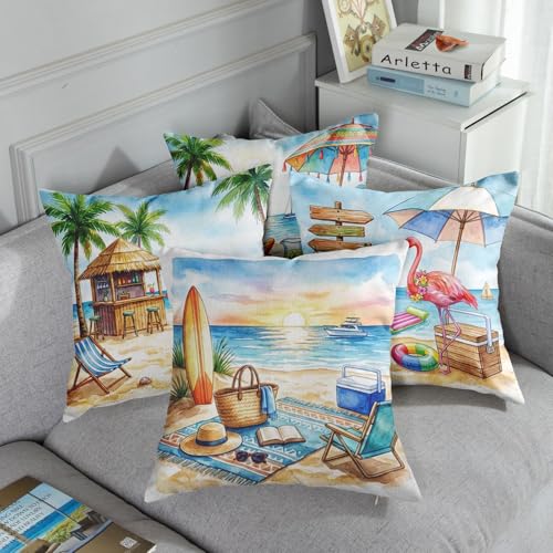 Throw Pillow Covers, Coastal Ocean, Set of 4, 18"x18" - color: Summer Beach