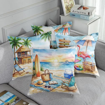 Throw Pillow Covers, Coastal Ocean, Set of 4, 18"x18" - color: Summer Beach