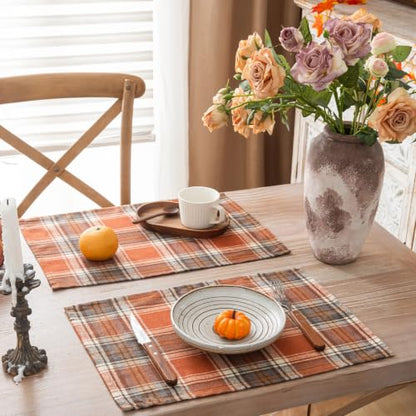AQOTHES Fall Plaid Placemats Set of 4, Orange Checkered Table Mats 12×18 - color: Orange