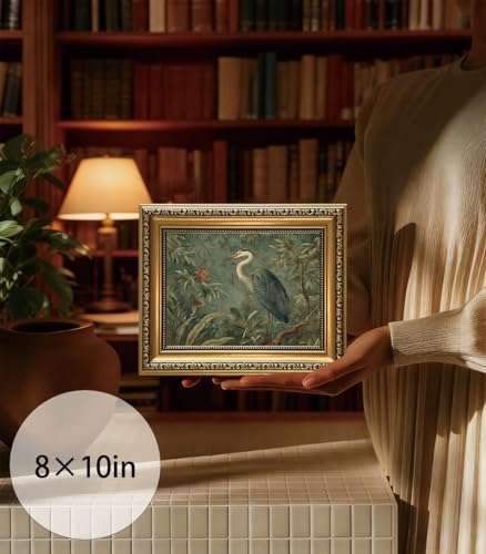 Vintage Gold Framed Blue Heron Wall Art Botanical Bird Canvas Print 8x10in - color: bird, size: 10"L x 8"W