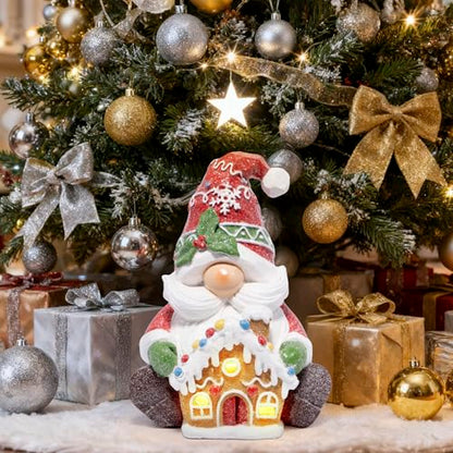 Hodao Christmas Gnome Figurine with Gingerbread House, Holiday Elf Decor - color: Red-1