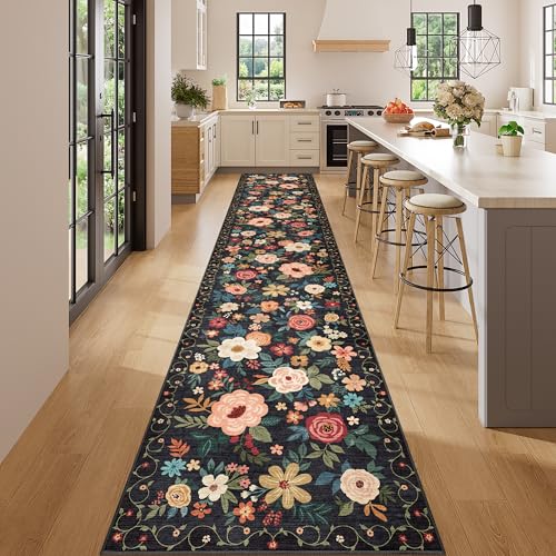 DUKINO 2.6x14 Washable Runner Rug, Floral Non Slip Long Runner Rug, Black - color: Black, size: 2'6" x 14' (Rectangular)