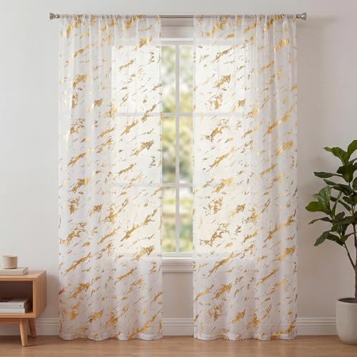 Horaldaily 2Pcs White Sheer Curtains for Window 52x72in, Gold Sequin Marble - color: White and Gold, size: 52"W x 72"L (Pack of 2)