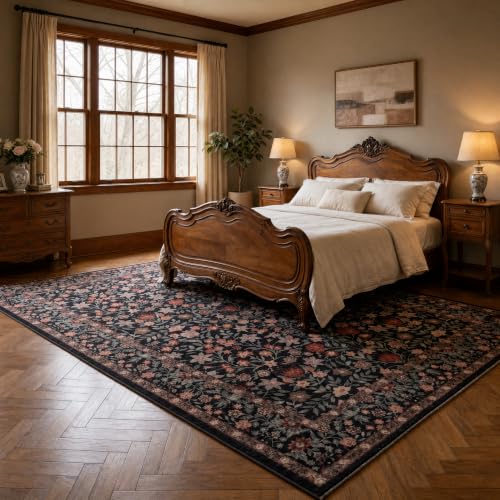 ThreadGlobe Patterned Washable 5x7 Area Rugs for Living Room, Black Brown - color: Black Brown Flower, size: 5' x 7'
