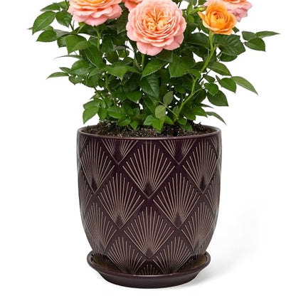 7.2 Inch Modern Ceramic Glaze Plant Pot with Drainage Hole,Mesh Net,Saucer,Indoor Outdoor Planter(Fan-Dark Purple) - color: Fan-dark Purple