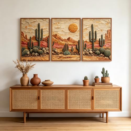 Aurlan 3D Textured Cactus Arizona Desert Framed Canvas Wall Art 24x36 Inch - color: Cactus Desert (3D Textured), size: 24"L x 36"W