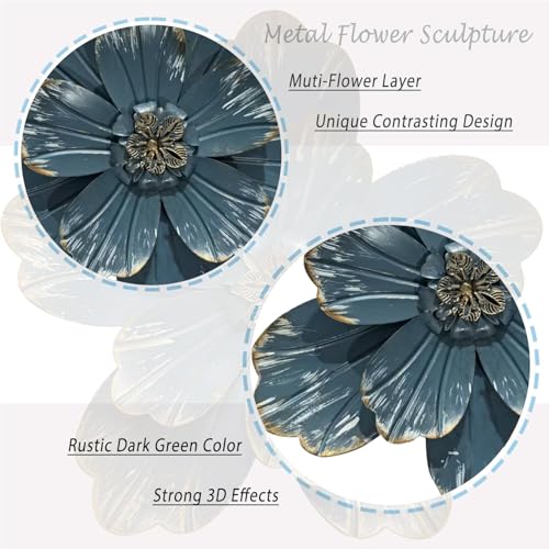 Metal Flower Wall Sculpture, 9.5" Retro Blue Rustic Modern Floral Artwork - color: 02A-Retro blue