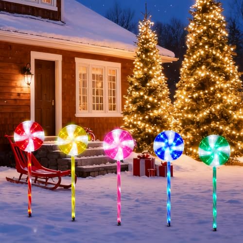 BRIGHTDECK 5 Pack Solar Christmas Pathway Lights, Multi Lollipop Stakes - color: Multicolor, size: 5Pack
