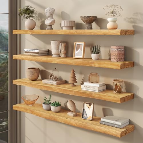 fuqing Live Edge Floating Shelves for Wall, 48 Inch Solid Elm Wood Shelves - color: Natural Elm Live Edge - 8"d, size: 48"L - 1Pack