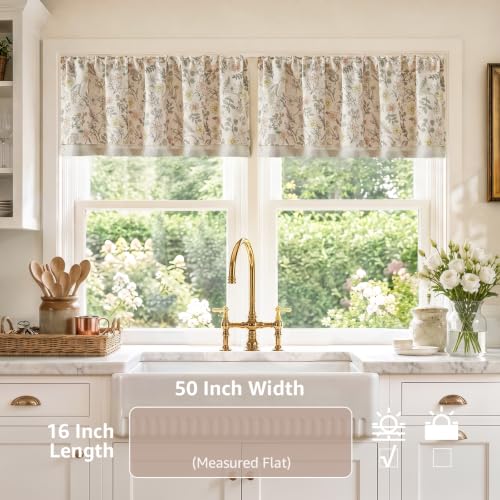jinchan Maia Floral Linen Double Layer Valance 16 Inch 1 Panel Pink - color: Maia Pink on Linen, size: 50"W x 16"L (Pack of 1)