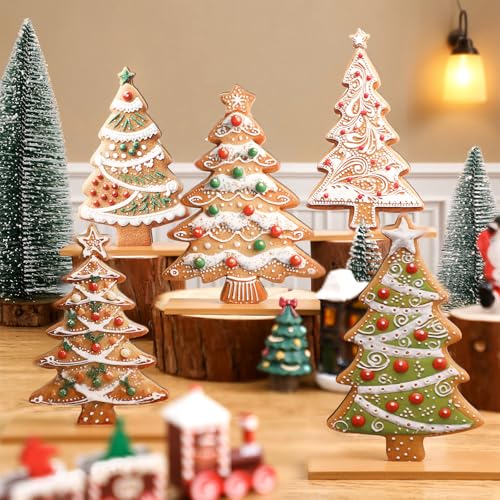 RattanView 5 Pcs Gingerbread Christmas Table Decorations Wooden Gingerbread Tree Decor Christmas Centerpiece Ginger Bread Village Decoration Winter Tiered Tray Decor with Base for Xmas Home Kitchen - style: Gingerbread Tree