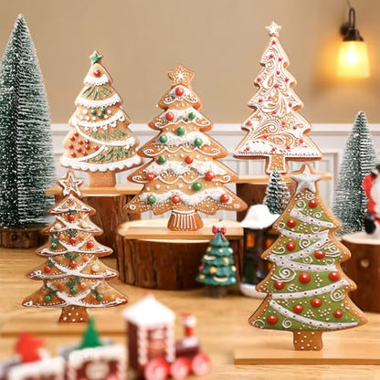 RattanView 5 Pcs Gingerbread Christmas Table Decorations Wooden Gingerbread Tree Decor Christmas Centerpiece Ginger Bread Village Decoration Winter Tiered Tray Decor with Base for Xmas Home Kitchen - style: Gingerbread Tree