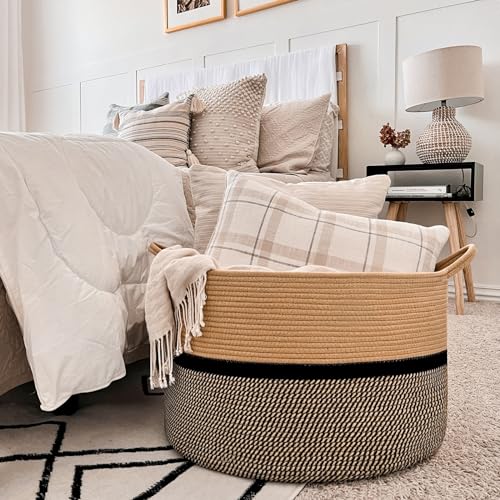 CHICVITA XXL Cotton Rope Woven Blanket Basket with Handles, Brown & Black - color: Brown and Black