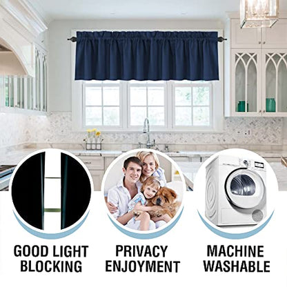 H.VERSAILTEX 100% Blackout Valances for Windows,Kitchen Valance Set of 2, Small Short Modern Rod Pocket Valances Curtains for Living Room Bathroom Cafe Laundry Basement, 52" x 18", Navy - color: Navy