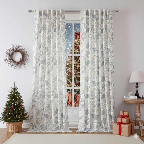 Kayne Studio Blue Grey Floral Botanical Rod Pocket Semi Sheer Curtains 95"L - color: Blue Grey, size: 52"W x 95"L (Pack of 2)