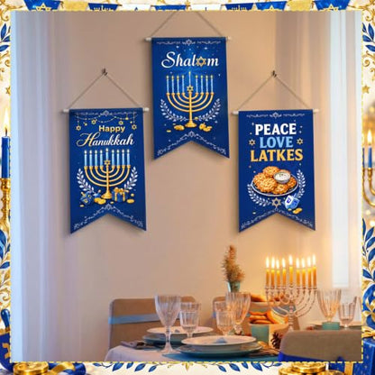 Tegeme 3 Pcs Hanukkah Door Sign Flag Chanukah Door Blue White Doors Banner - style: Chanukah