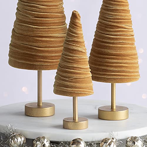 Gold Pedestal Velvet Trees Set of 3, Elegant Winter Accent Mantel, Valentine Tabletop, Sophisticated Wedding Centerpiece, Office Bookshelf, Cozy (Gold) - color: Gold